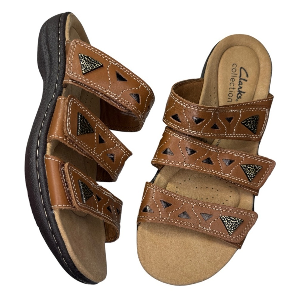 NEW Clarks Laurieann Nora leather 3 strap slide sandals shoes women’s 6 boho